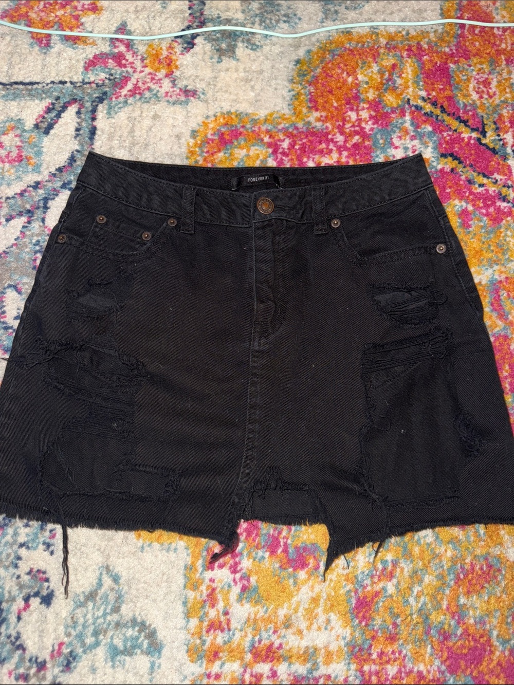 Forever 21 Black Distressed Denim Mini Skirt